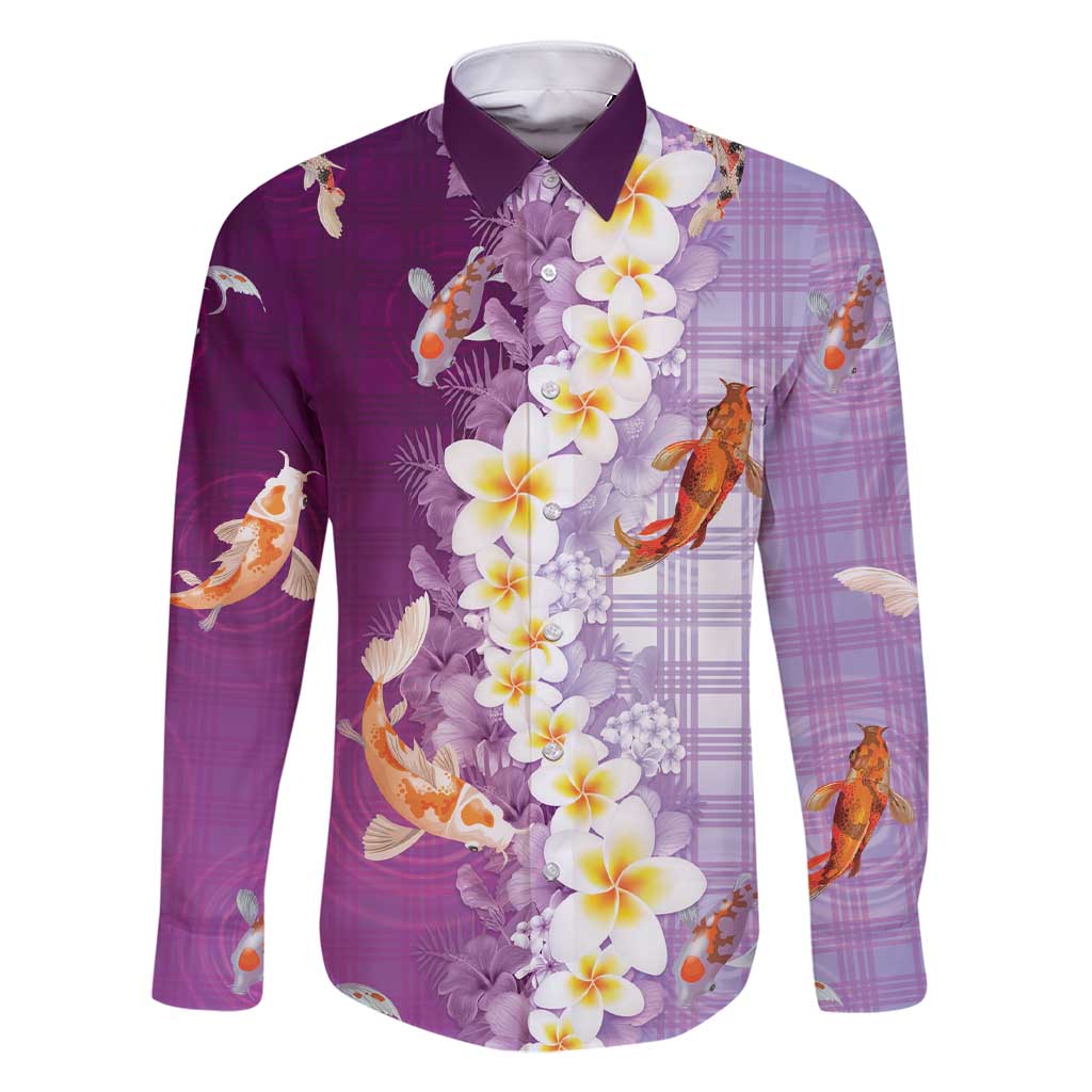 Hawaii And Japan Family Matching Short Sleeve Bodycon Dress and Hawaiian Shirt Plumeria Lei With Koi Fish Purple - Polynesian Pride