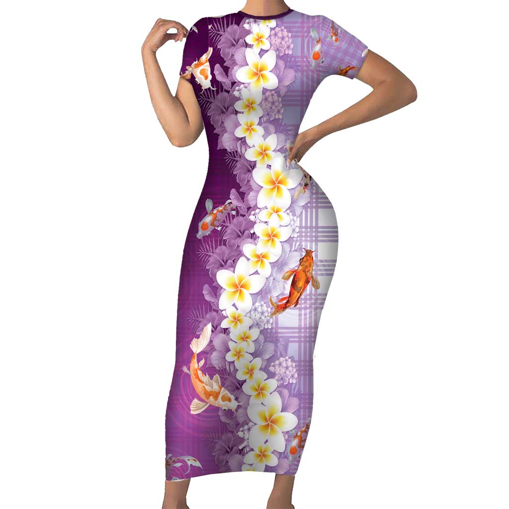 Hawaii And Japan Family Matching Short Sleeve Bodycon Dress and Hawaiian Shirt Plumeria Lei With Koi Fish Purple - Polynesian Pride