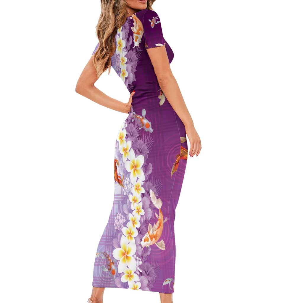 Hawaii And Japan Family Matching Short Sleeve Bodycon Dress and Hawaiian Shirt Plumeria Lei With Koi Fish Purple - Polynesian Pride