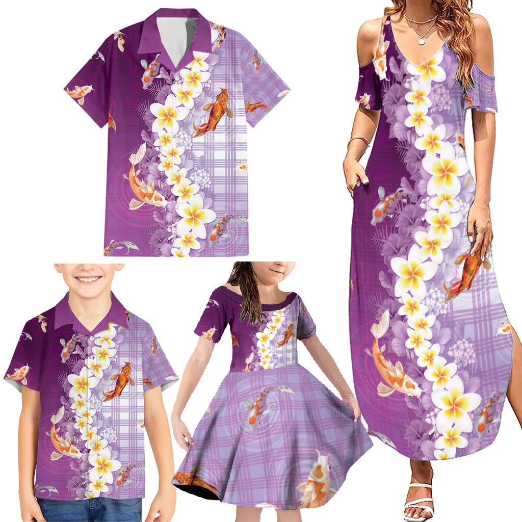 Hawaii And Japan Family Matching Summer Maxi Dress and Hawaiian Shirt Plumeria Lei With Koi Fish Purple - Polynesian Pride