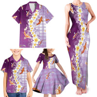 Hawaii And Japan Family Matching Tank Maxi Dress and Hawaiian Shirt Plumeria Lei With Koi Fish Purple - Polynesian Pride
