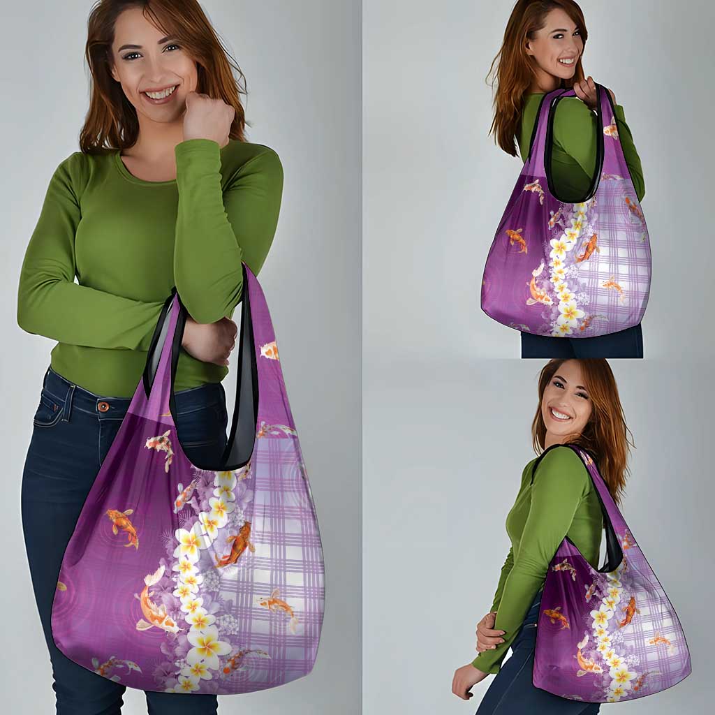 Hawaii And Japan Grocery Bag Plumeria Lei With Koi Fish Purple - Polynesian Pride