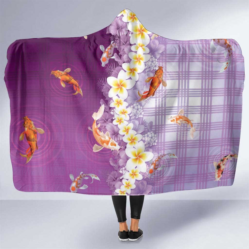 Hawaii And Japan Hooded Blanket Plumeria Lei With Koi Fish Purple LT05 One Size Purple - Polynesian Pride