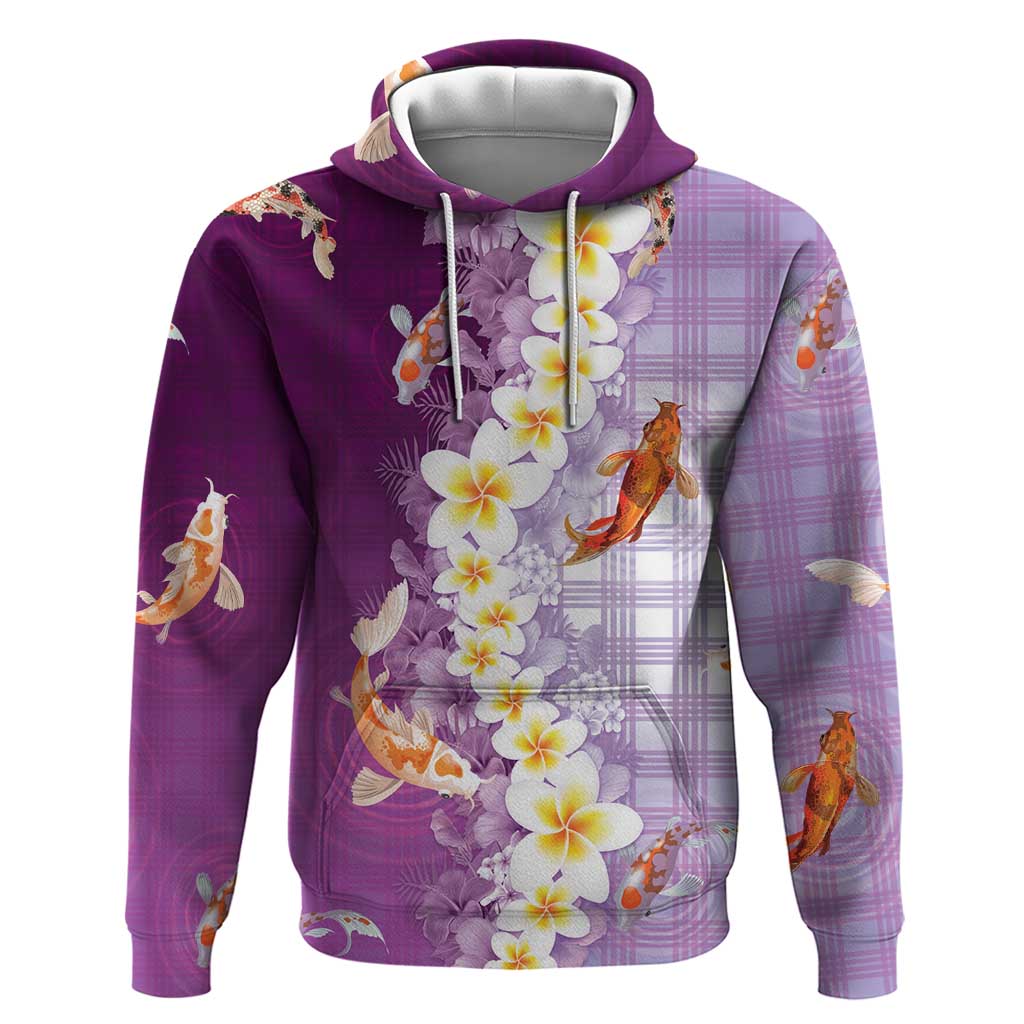 Hawaii And Japan Hoodie Plumeria Lei With Koi Fish Purple - Polynesian Pride