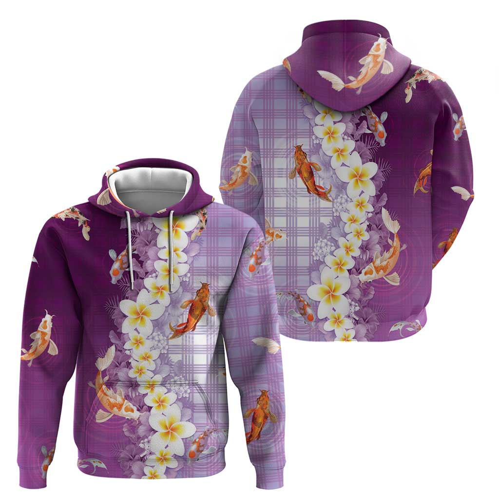 Hawaii And Japan Hoodie Plumeria Lei With Koi Fish Purple - Polynesian Pride