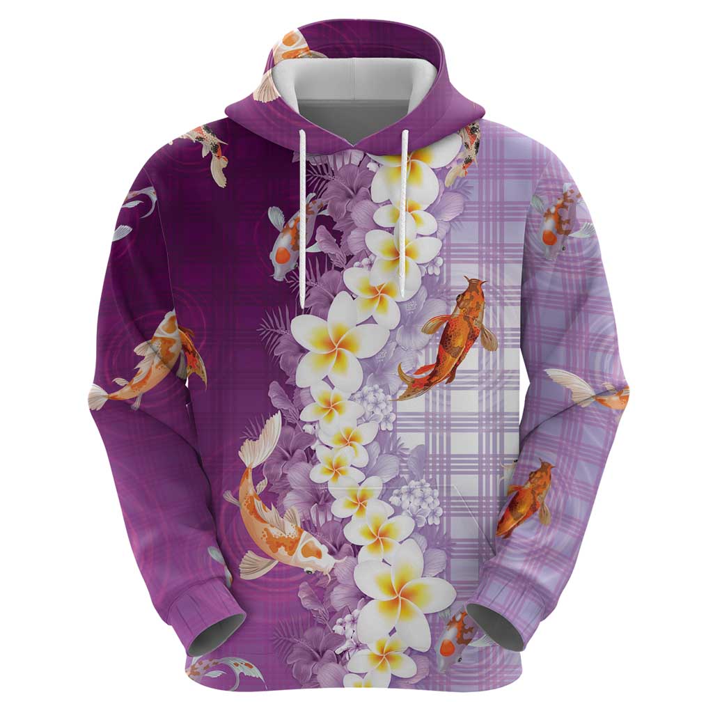Hawaii And Japan Hoodie Plumeria Lei With Koi Fish Purple - Polynesian Pride