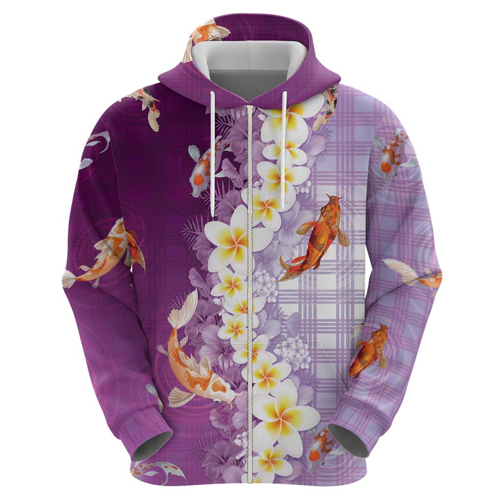 Hawaii And Japan Hoodie Plumeria Lei With Koi Fish Purple - Polynesian Pride