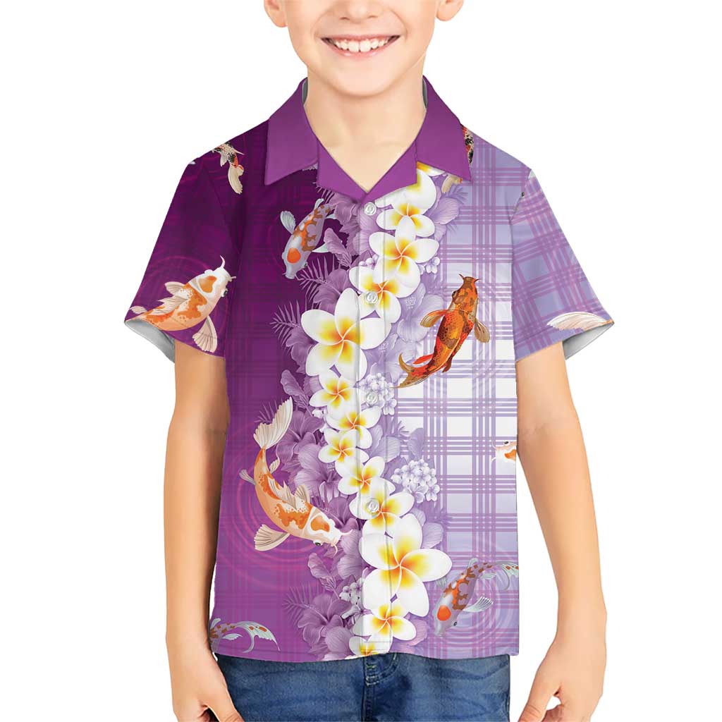 Hawaii And Japan Kid Hawaiian Shirt Plumeria Lei With Koi Fish Purple - Polynesian Pride