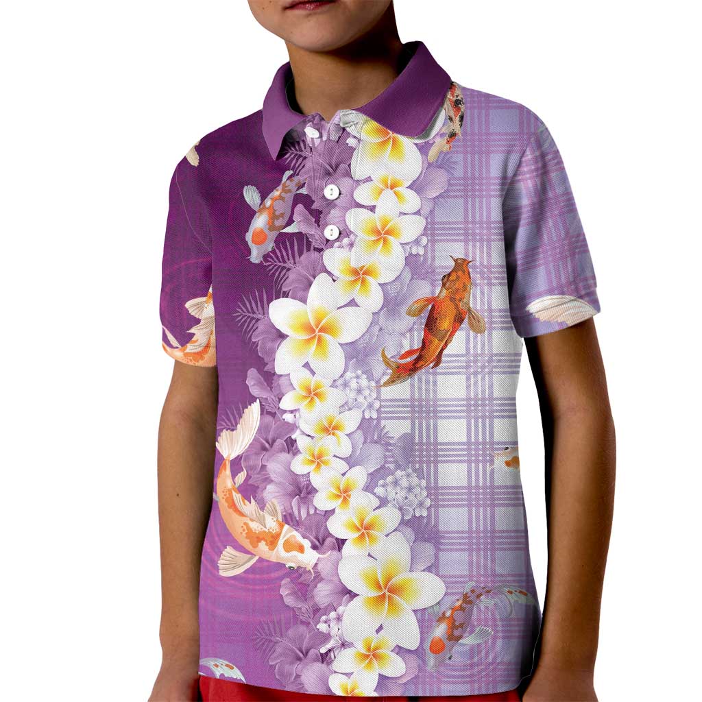 Hawaii And Japan Kid Polo Shirt Plumeria Lei With Koi Fish Purple - Polynesian Pride