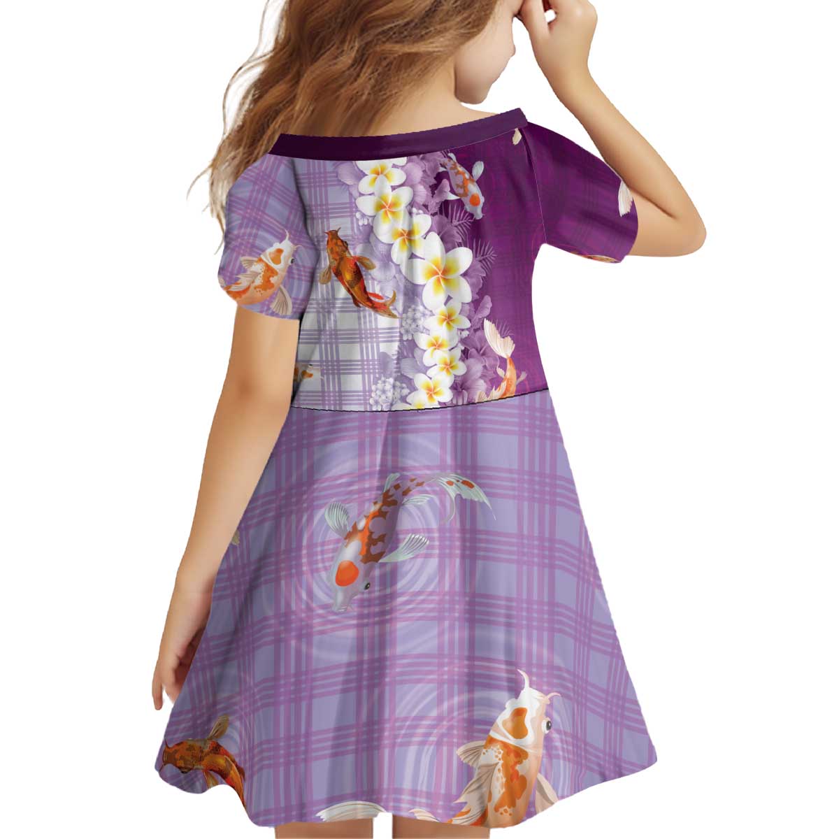 Hawaii And Japan Kid Short Sleeve Dress Plumeria Lei With Koi Fish Purple - Polynesian Pride