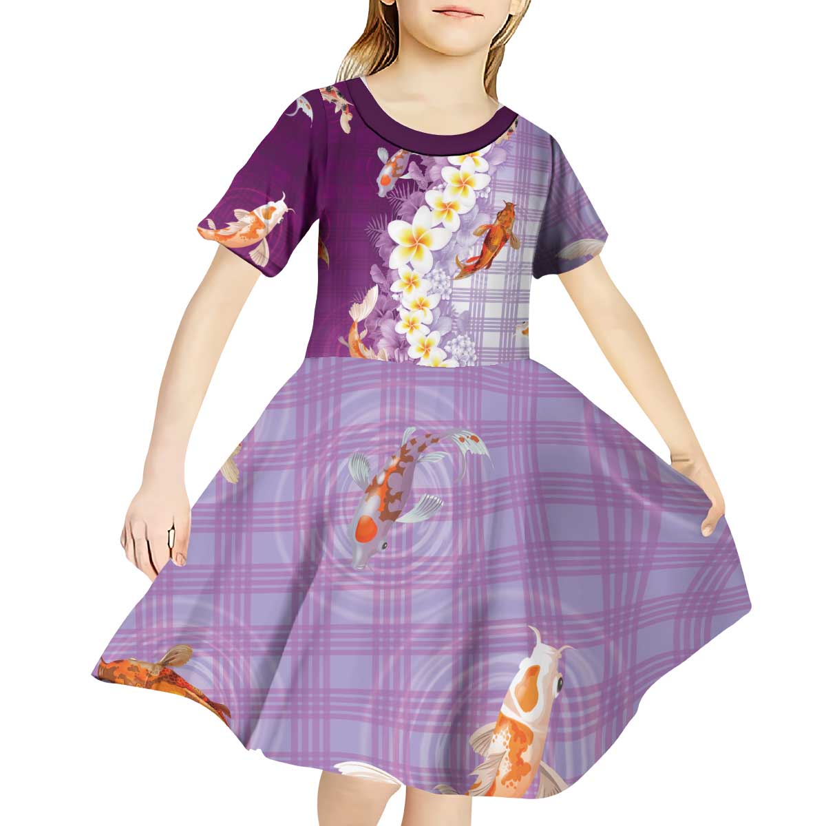 Hawaii And Japan Kid Short Sleeve Dress Plumeria Lei With Koi Fish Purple - Polynesian Pride