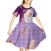 Hawaii And Japan Kid Short Sleeve Dress Plumeria Lei With Koi Fish Purple - Polynesian Pride