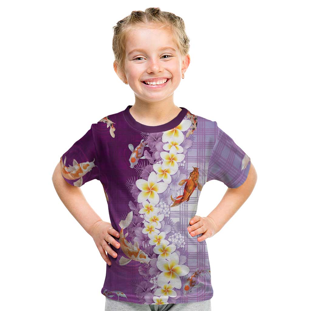 Hawaii And Japan Kid T Shirt Plumeria Lei With Koi Fish Purple - Polynesian Pride
