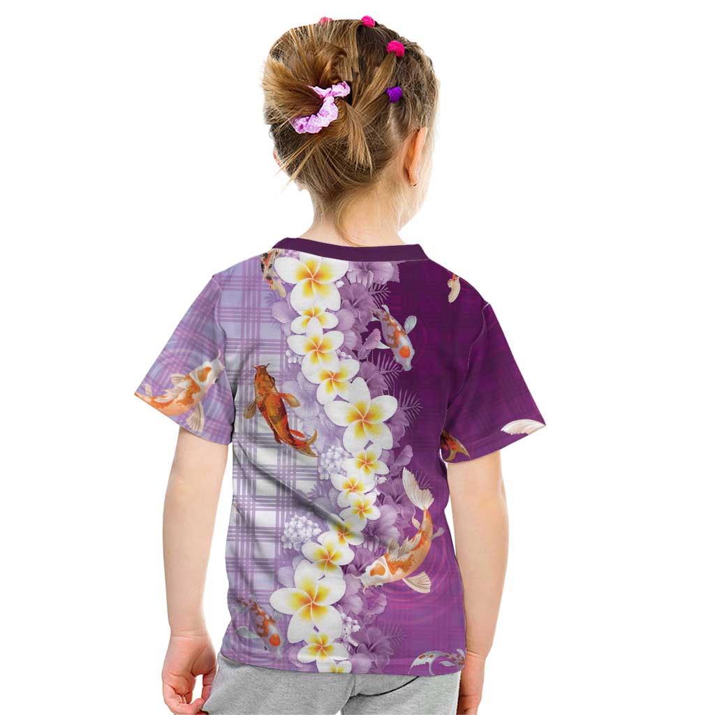 Hawaii And Japan Kid T Shirt Plumeria Lei With Koi Fish Purple LT05 - Polynesian Pride
