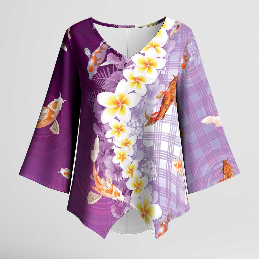 Hawaii And Japan Kimono Sleeve Blouse Plumeria Lei With Koi Fish Purple LT05 Female Purple - Polynesian Pride