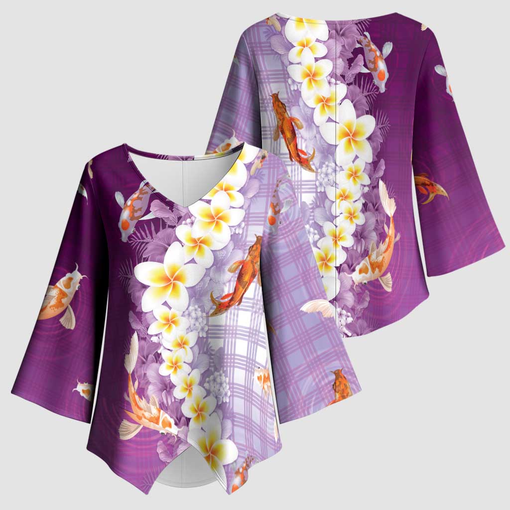 Hawaii And Japan Kimono Sleeve Blouse Plumeria Lei With Koi Fish Purple LT05 - Polynesian Pride