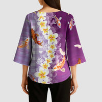 Hawaii And Japan Kimono Sleeve Blouse Plumeria Lei With Koi Fish Purple LT05 - Polynesian Pride