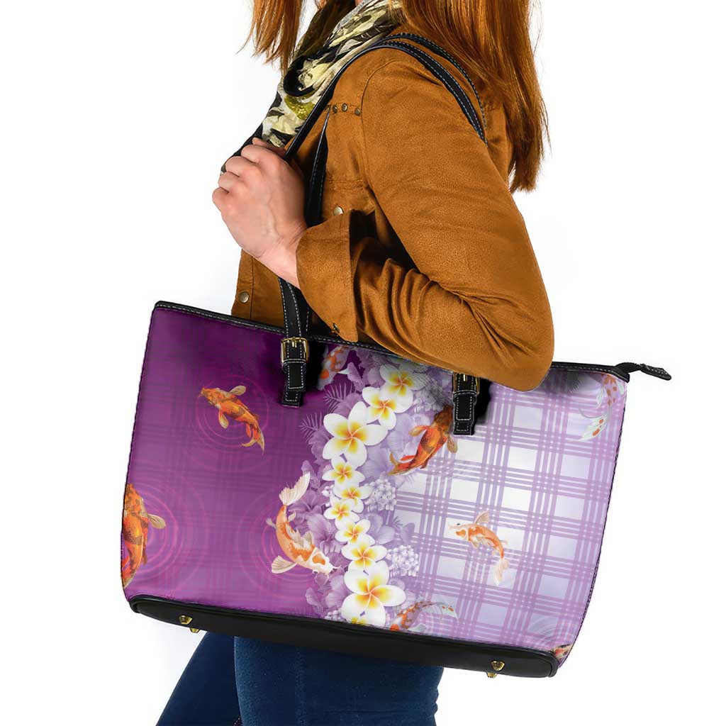 Hawaii And Japan Leather Tote Bag Plumeria Lei With Koi Fish Purple LT05 Purple - Polynesian Pride