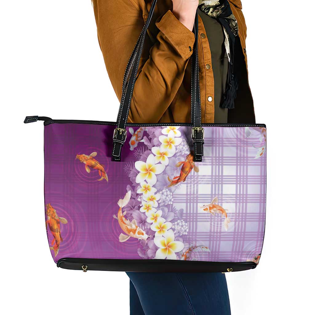 Hawaii And Japan Leather Tote Bag Plumeria Lei With Koi Fish Purple LT05 - Polynesian Pride