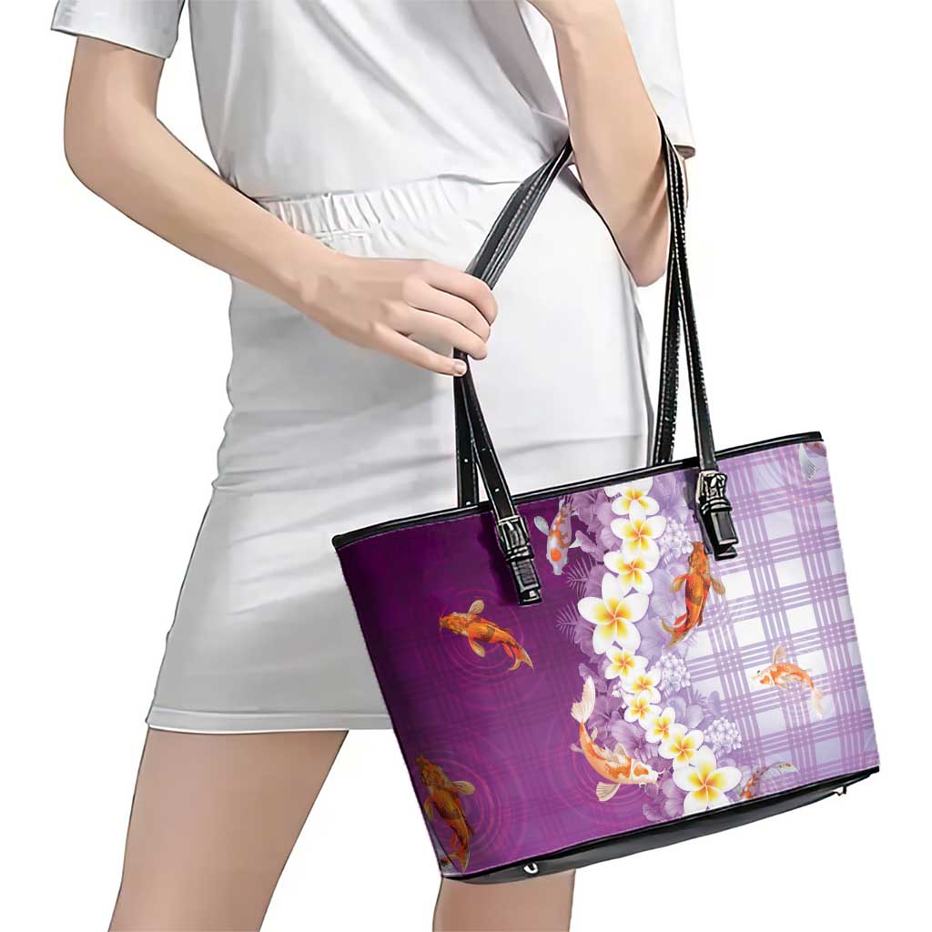 Hawaii And Japan Leather Tote Bag Plumeria Lei With Koi Fish Purple LT05 - Polynesian Pride