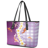 Hawaii And Japan Leather Tote Bag Plumeria Lei With Koi Fish Purple LT05 - Polynesian Pride