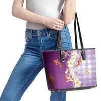 Hawaii And Japan Leather Tote Bag Plumeria Lei With Koi Fish Purple LT05 - Polynesian Pride