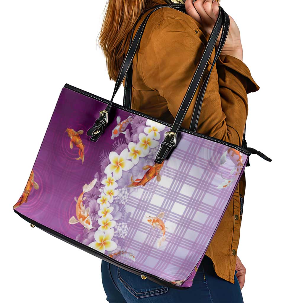 Hawaii And Japan Leather Tote Bag Plumeria Lei With Koi Fish Purple LT05 - Polynesian Pride