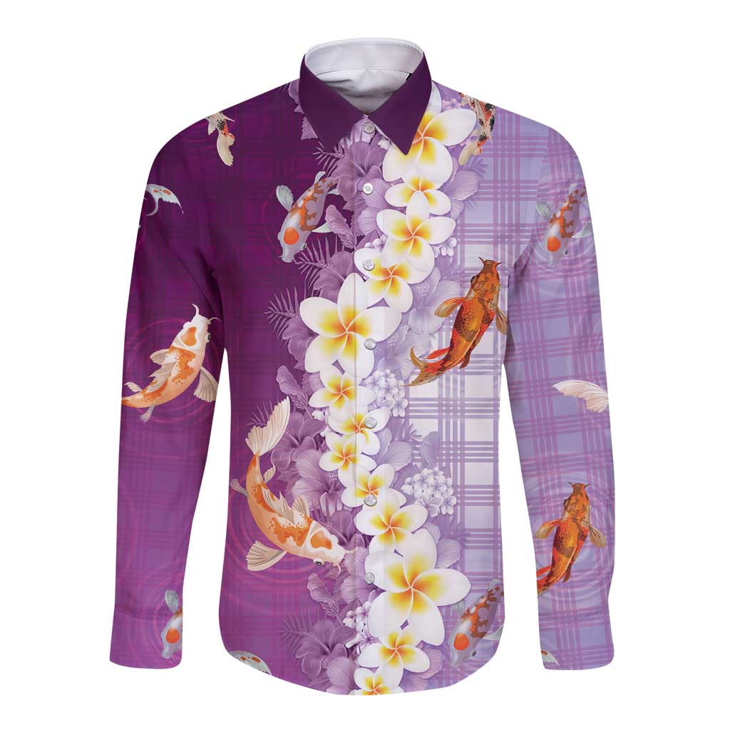 Hawaii And Japan Long Sleeve Button Shirt Plumeria Lei With Koi Fish Purple LT05 Unisex Purple - Polynesian Pride
