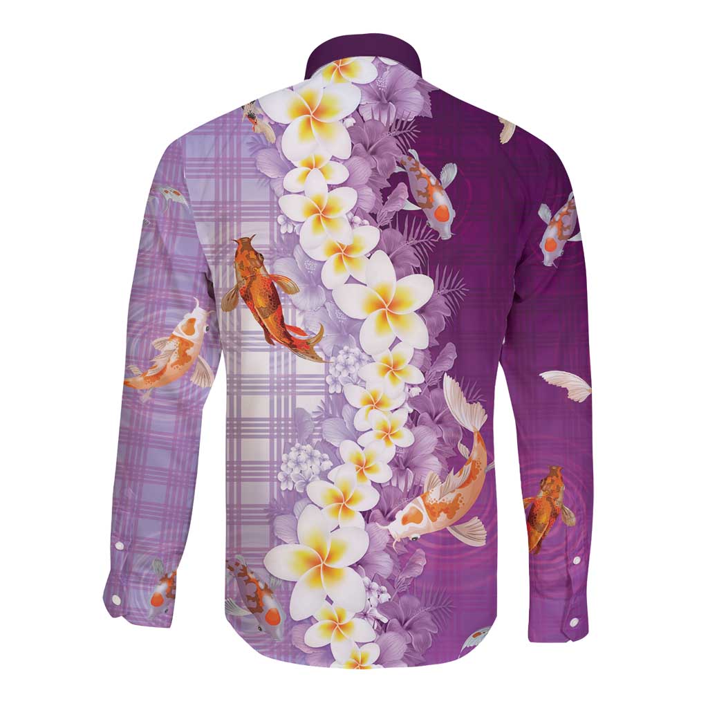 Hawaii And Japan Long Sleeve Button Shirt Plumeria Lei With Koi Fish Purple LT05 - Polynesian Pride