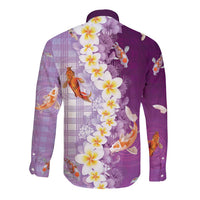 Hawaii And Japan Long Sleeve Button Shirt Plumeria Lei With Koi Fish Purple LT05 - Polynesian Pride