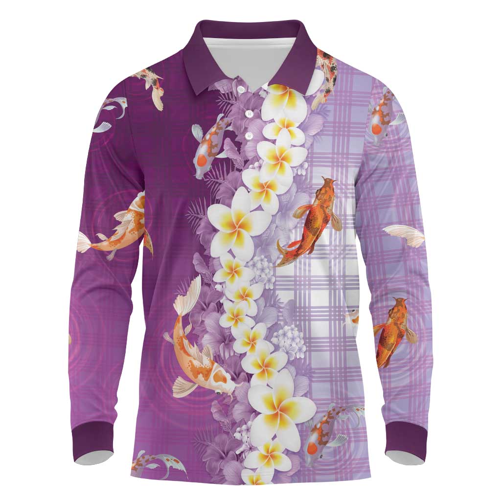 Hawaii And Japan Long Sleeve Polo Shirt Plumeria Lei With Koi Fish Purple LT05 Purple - Polynesian Pride