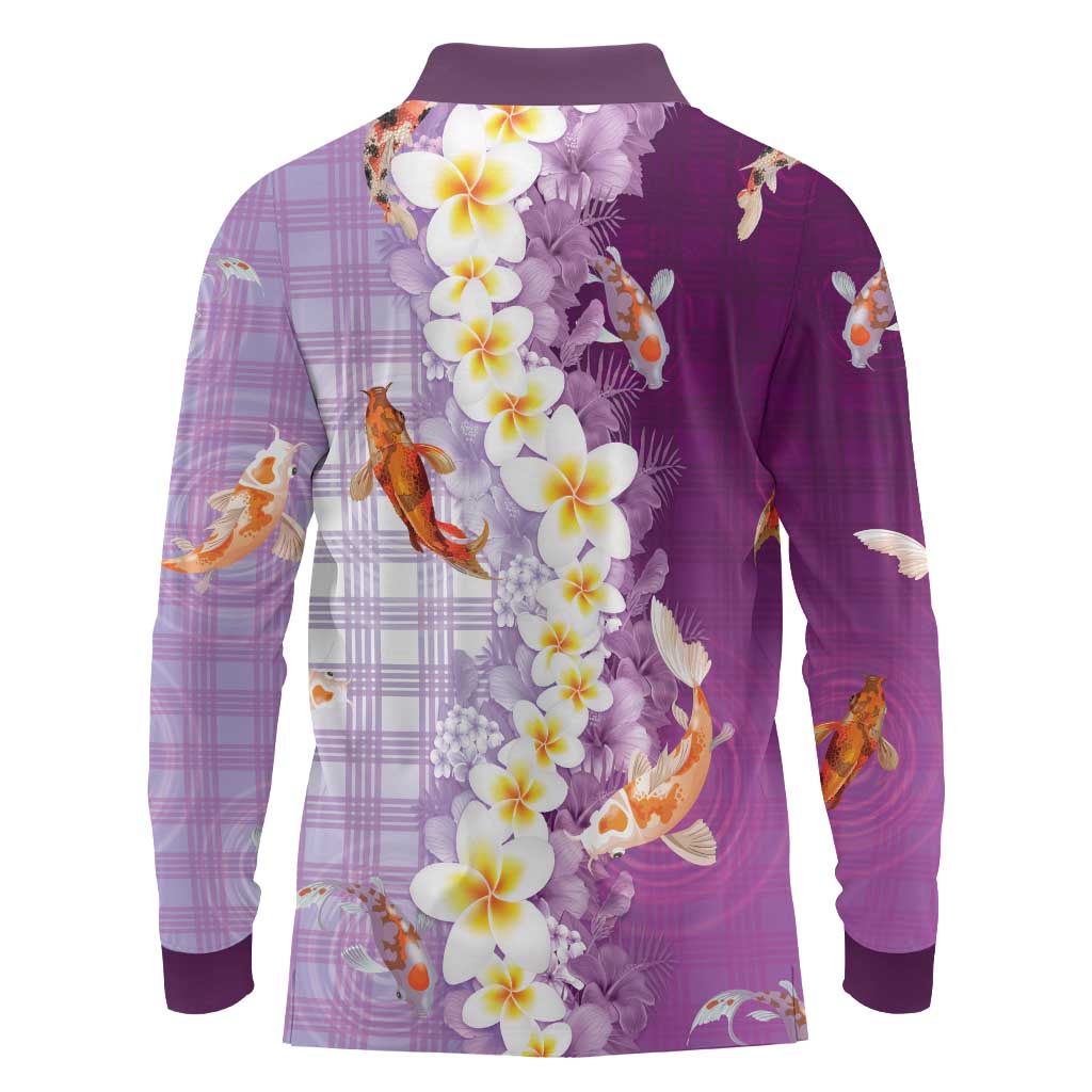 Hawaii And Japan Long Sleeve Polo Shirt Plumeria Lei With Koi Fish Purple LT05 - Polynesian Pride