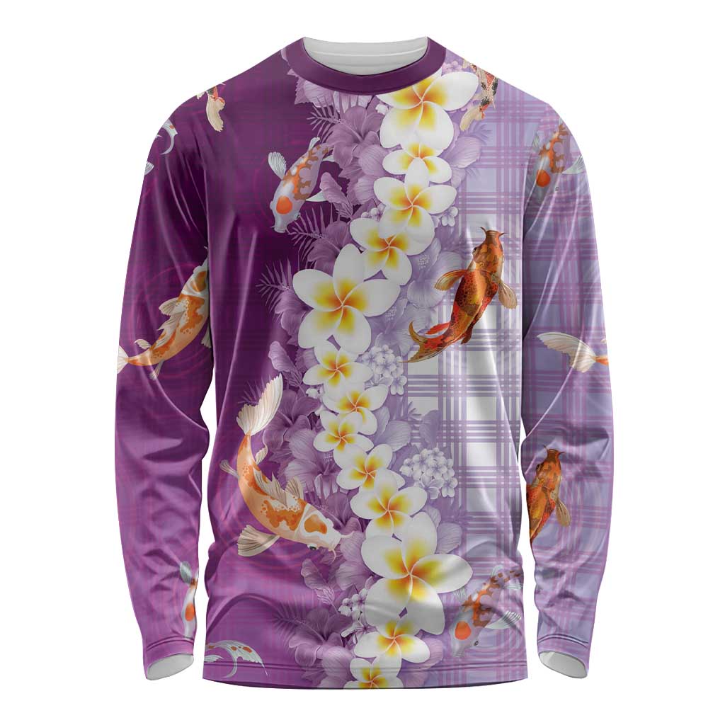 Hawaii And Japan Long Sleeve Shirt Plumeria Lei With Koi Fish Purple LT05 Unisex Purple - Polynesian Pride