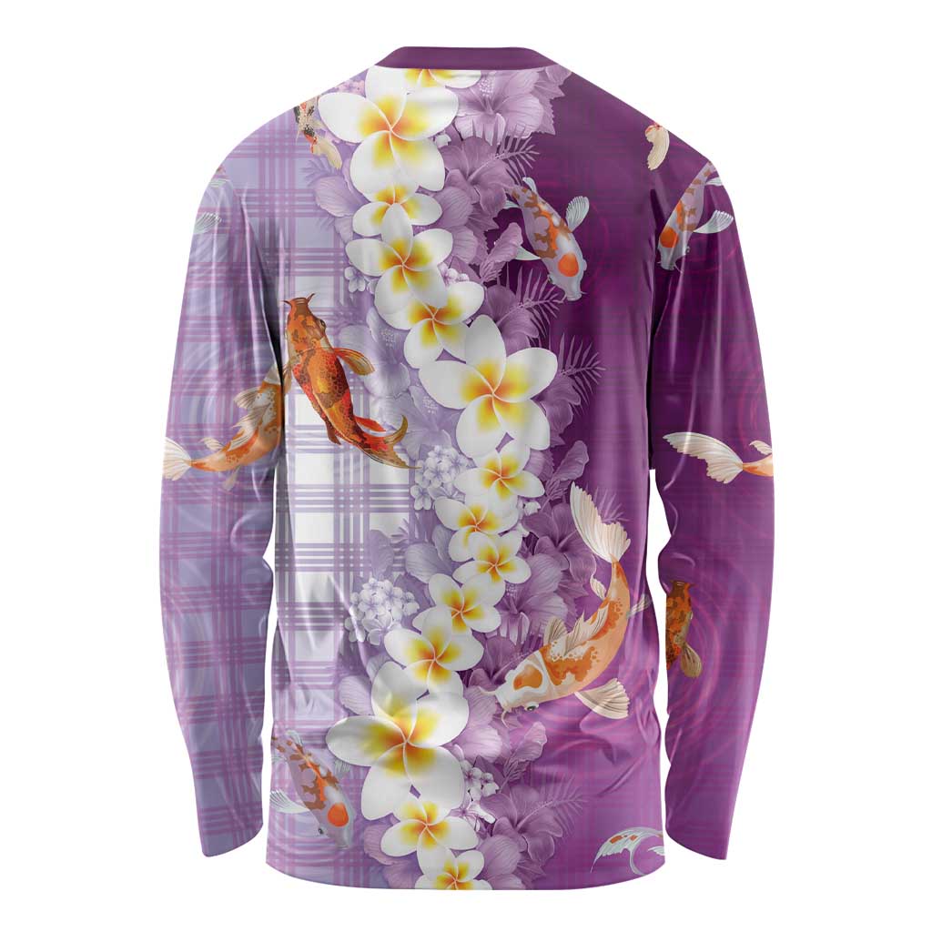 Hawaii And Japan Long Sleeve Shirt Plumeria Lei With Koi Fish Purple LT05 - Polynesian Pride