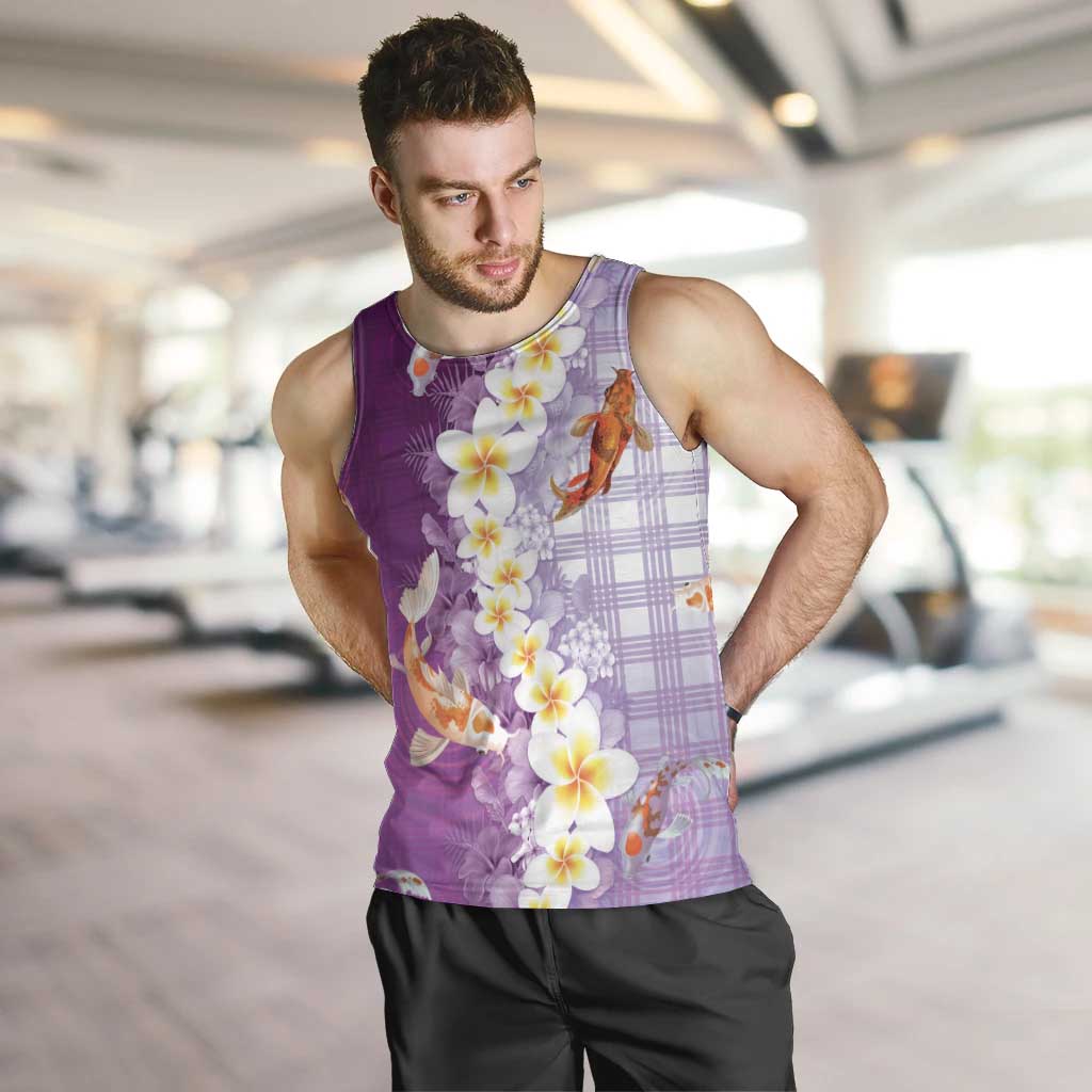 Hawaii And Japan Men Tank Top Plumeria Lei With Koi Fish Purple LT05 Purple - Polynesian Pride