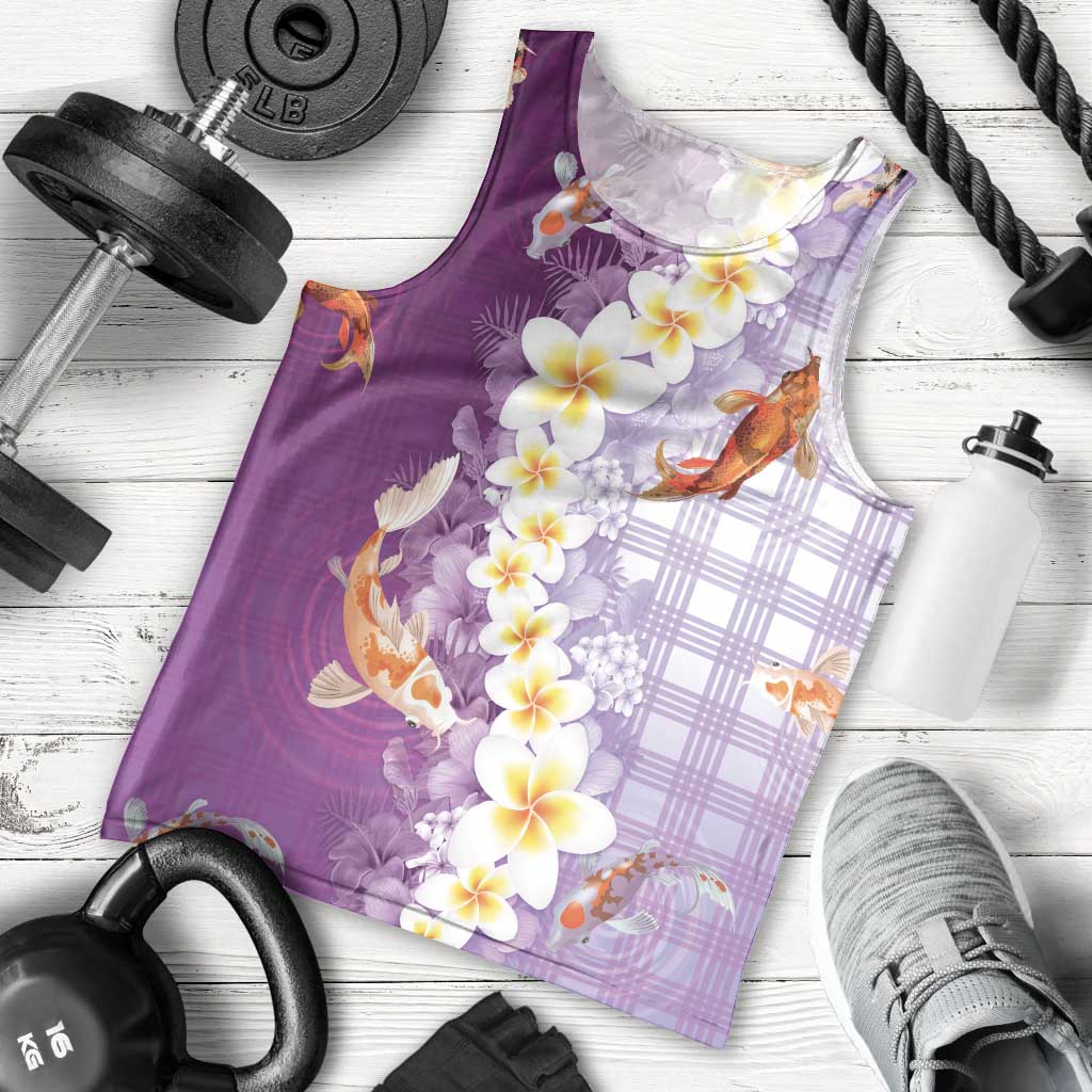 Hawaii And Japan Men Tank Top Plumeria Lei With Koi Fish Purple LT05 - Polynesian Pride