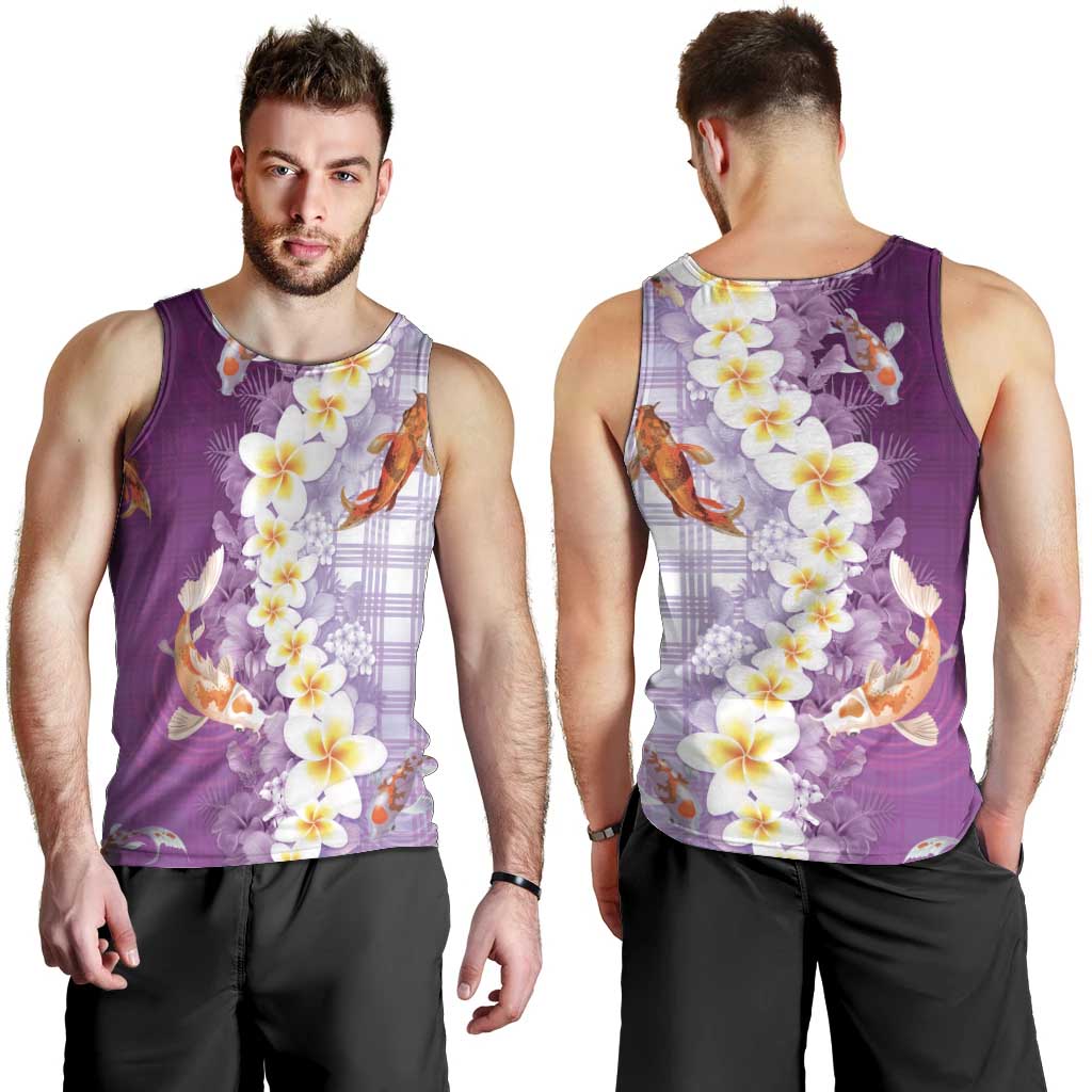 Hawaii And Japan Men Tank Top Plumeria Lei With Koi Fish Purple LT05 - Polynesian Pride