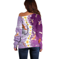 Hawaii And Japan Off Shoulder Sweater Plumeria Lei With Koi Fish Purple - Polynesian Pride
