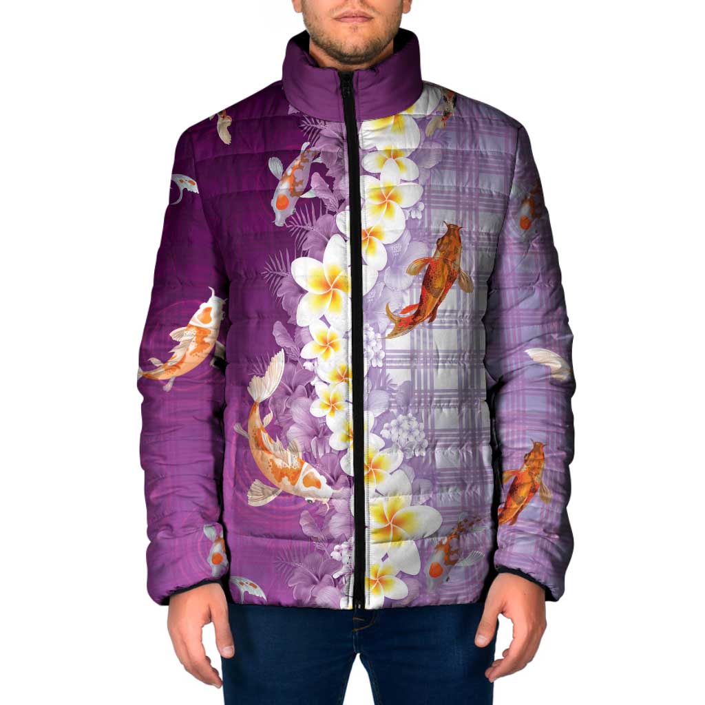 Hawaii And Japan Padded Jacket Plumeria Lei With Koi Fish Purple LT05 Men Purple - Polynesian Pride