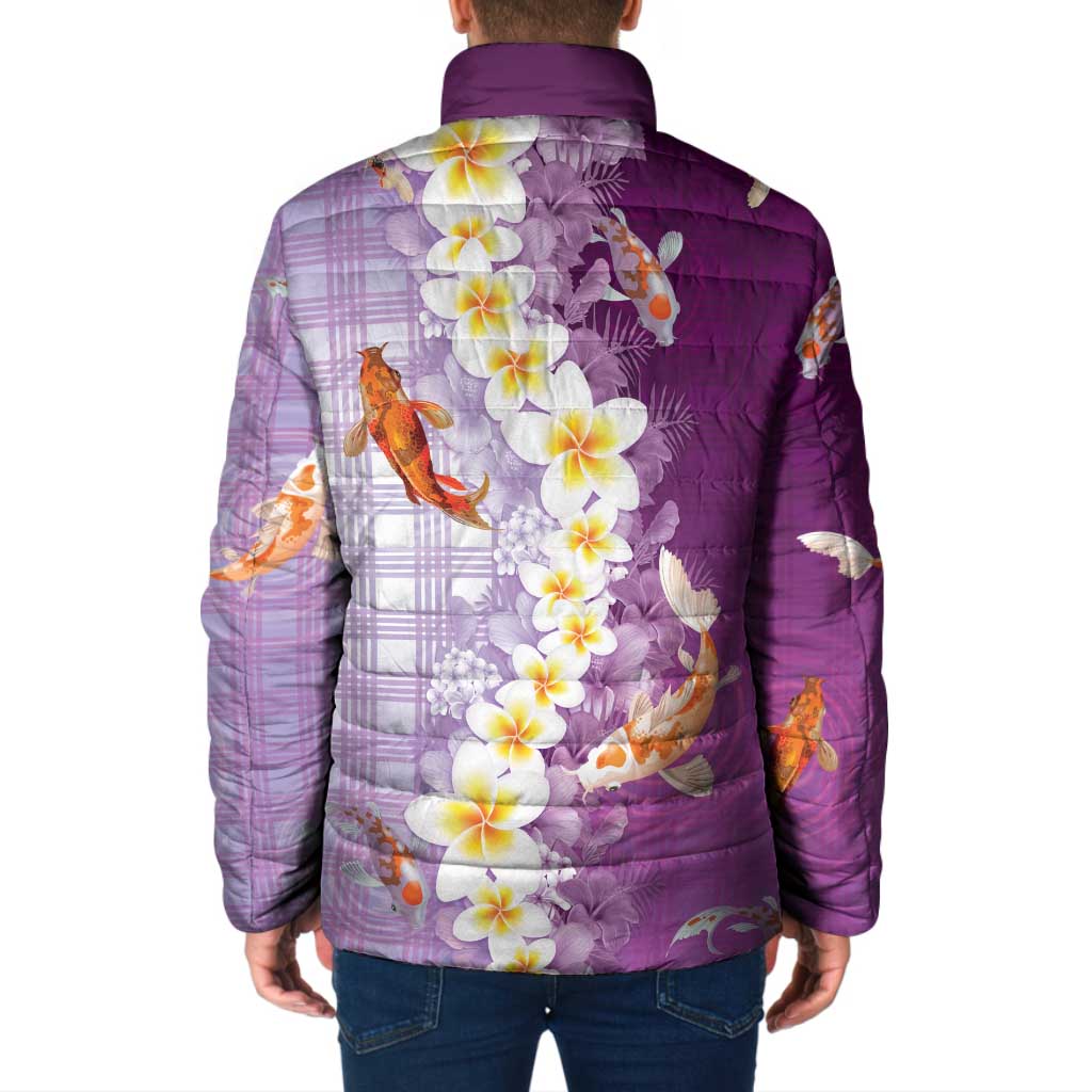 Hawaii And Japan Padded Jacket Plumeria Lei With Koi Fish Purple LT05 - Polynesian Pride