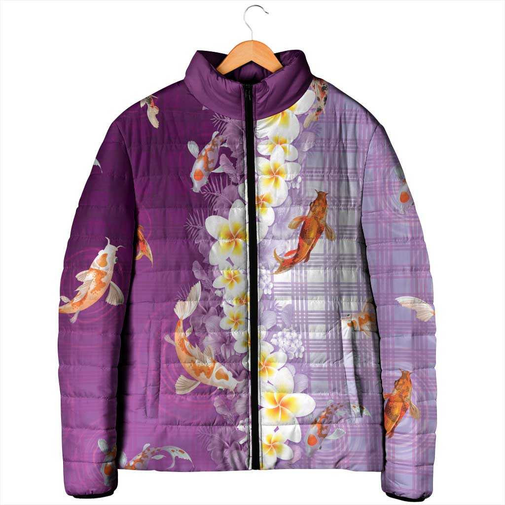 Hawaii And Japan Padded Jacket Plumeria Lei With Koi Fish Purple LT05 - Polynesian Pride