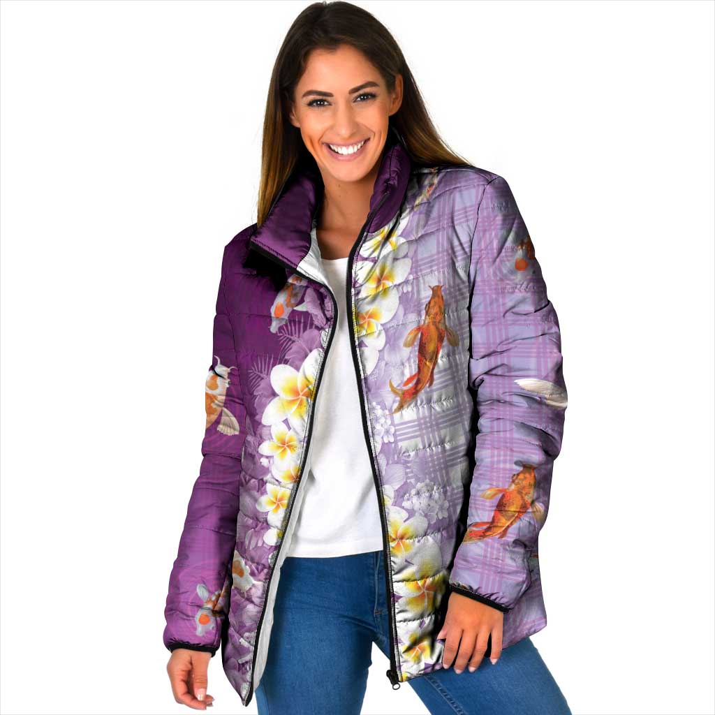 Hawaii And Japan Padded Jacket Plumeria Lei With Koi Fish Purple LT05 Women Purple - Polynesian Pride