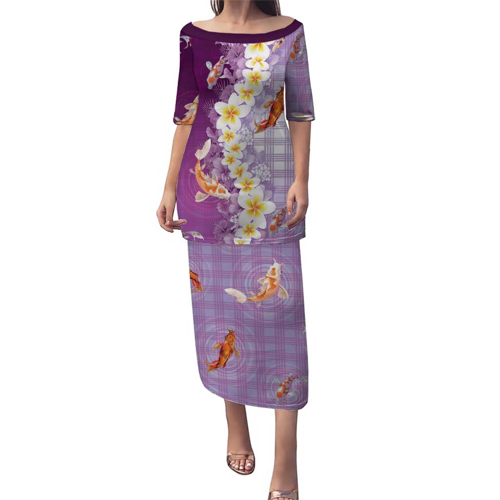 Hawaii And Japan Puletasi Plumeria Lei With Koi Fish Purple LT05 Long Dress Purple - Polynesian Pride