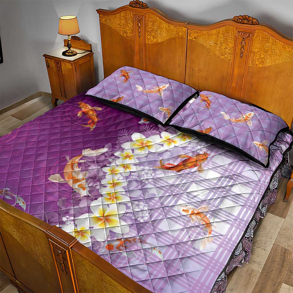 Hawaii And Japan Quilt Bed Set Plumeria Lei With Koi Fish Purple - Polynesian Pride