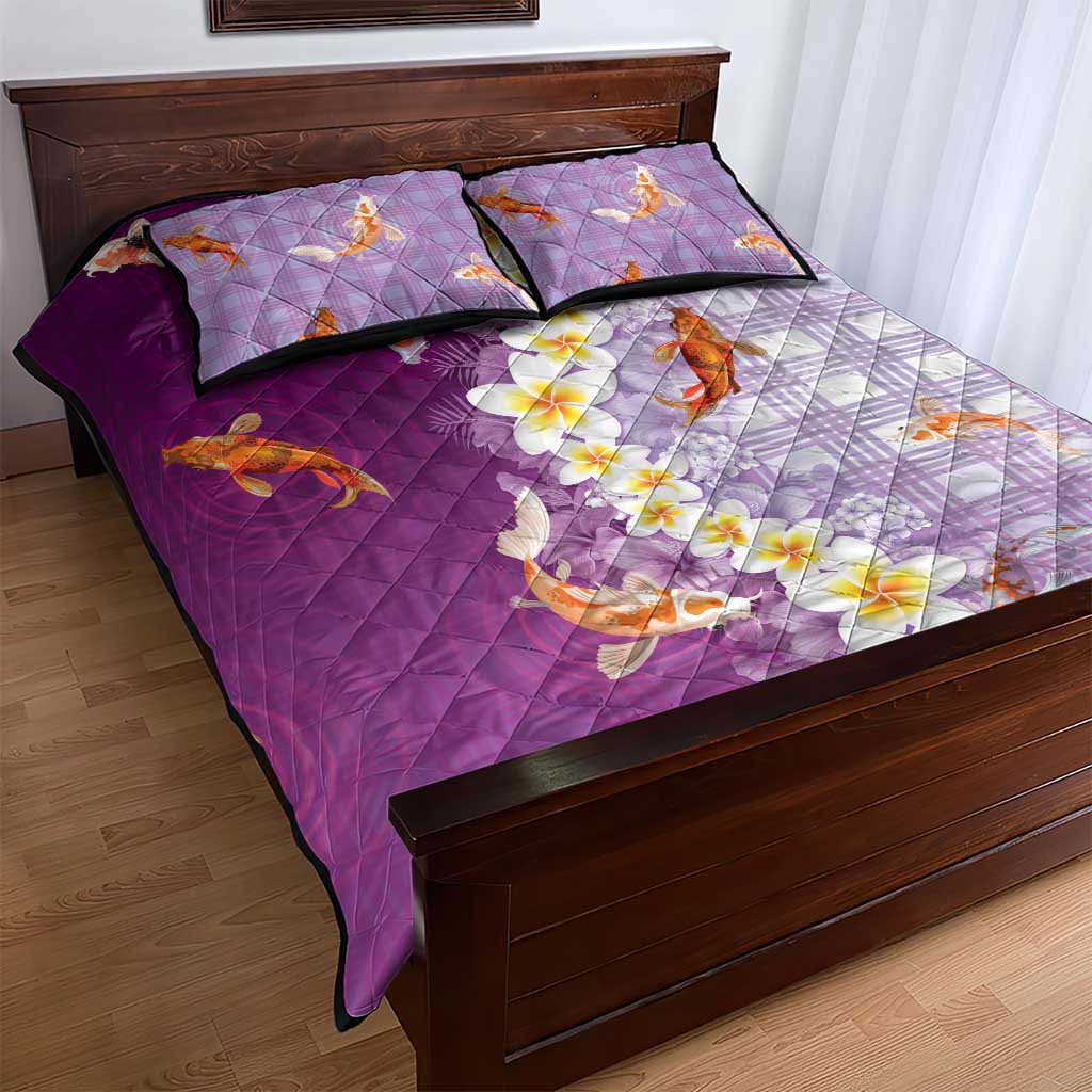 Hawaii And Japan Quilt Bed Set Plumeria Lei With Koi Fish Purple - Polynesian Pride