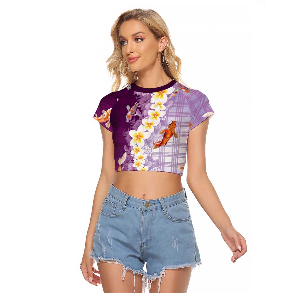 Hawaii And Japan Raglan Cropped T Shirt Plumeria Lei With Koi Fish Purple LT05 Female Purple - Polynesian Pride