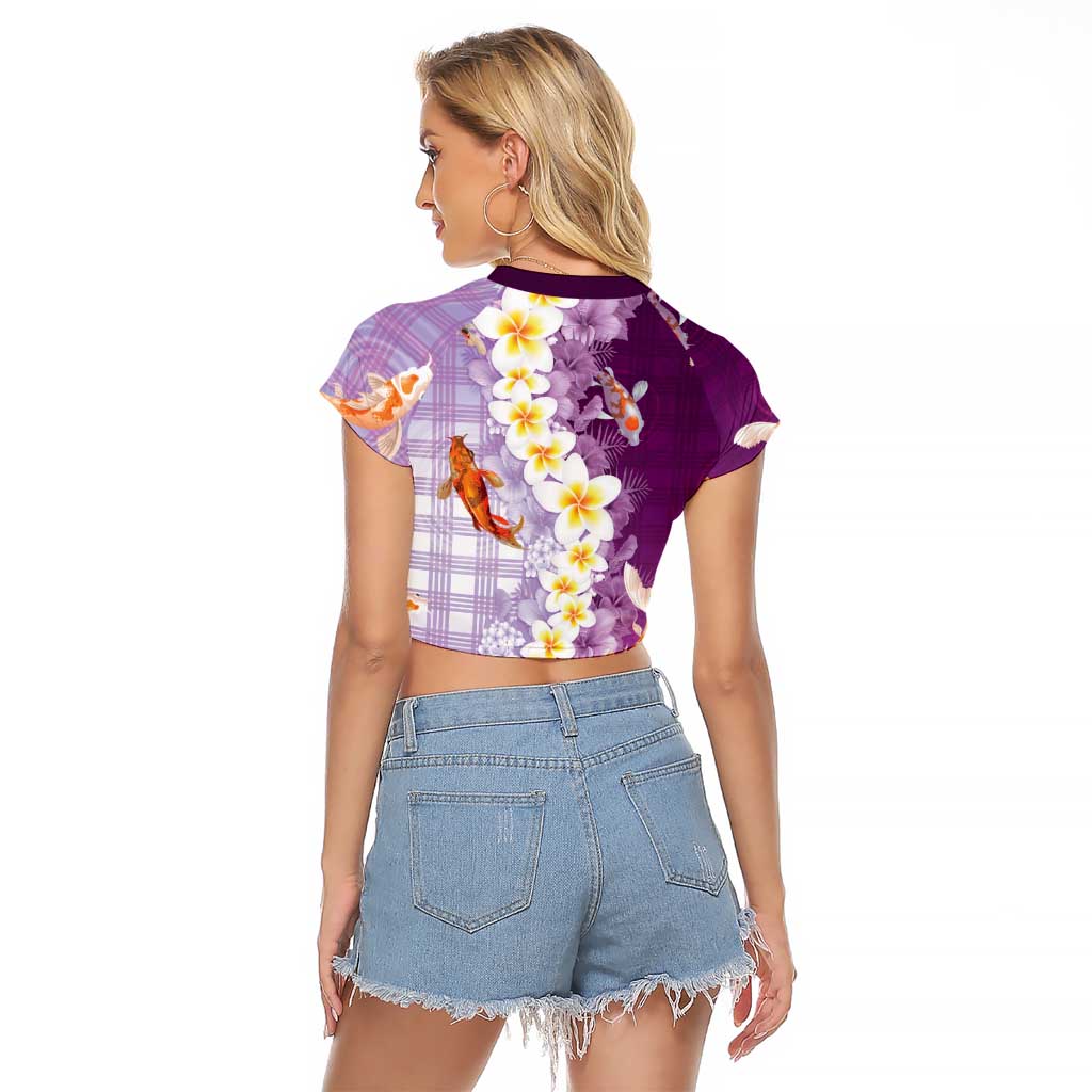 Hawaii And Japan Raglan Cropped T Shirt Plumeria Lei With Koi Fish Purple LT05 - Polynesian Pride
