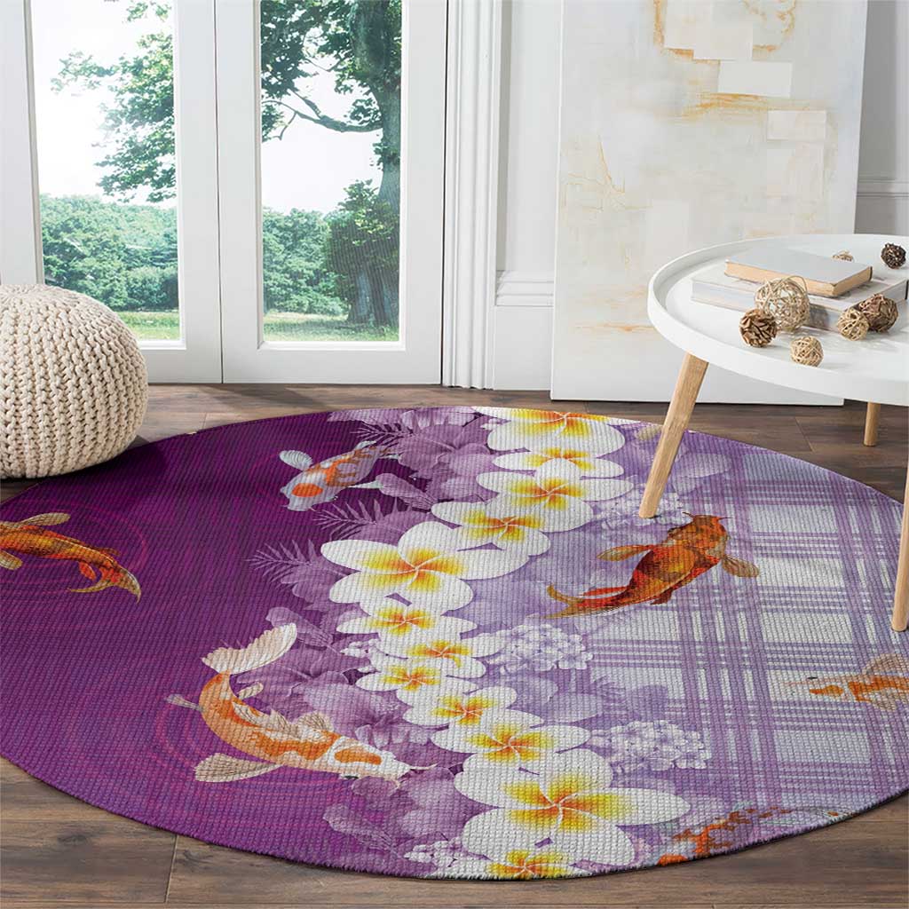 Hawaii And Japan Round Carpet Plumeria Lei With Koi Fish Purple - Polynesian Pride