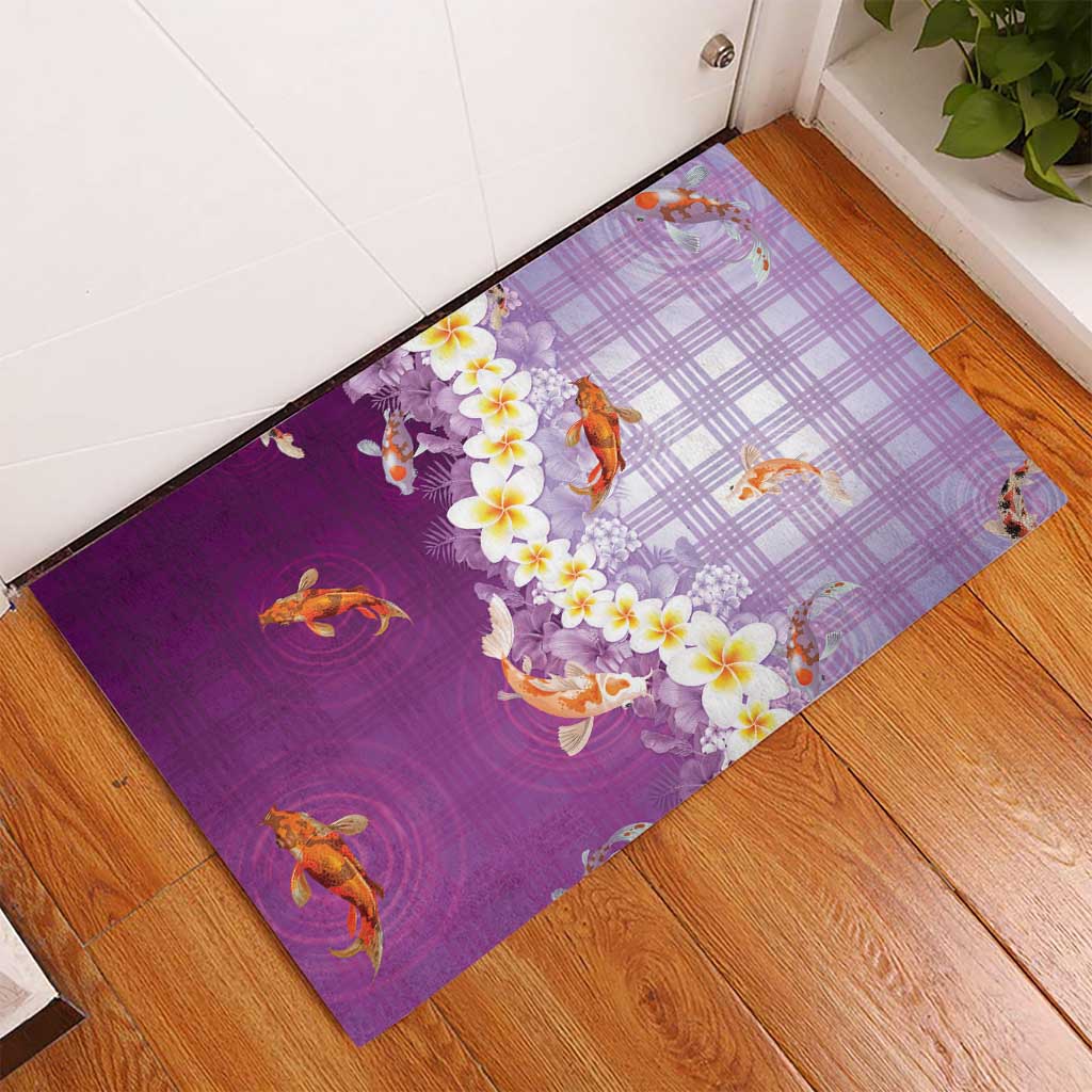 Hawaii And Japan Rubber Doormat Plumeria Lei With Koi Fish Purple LT05 - Polynesian Pride