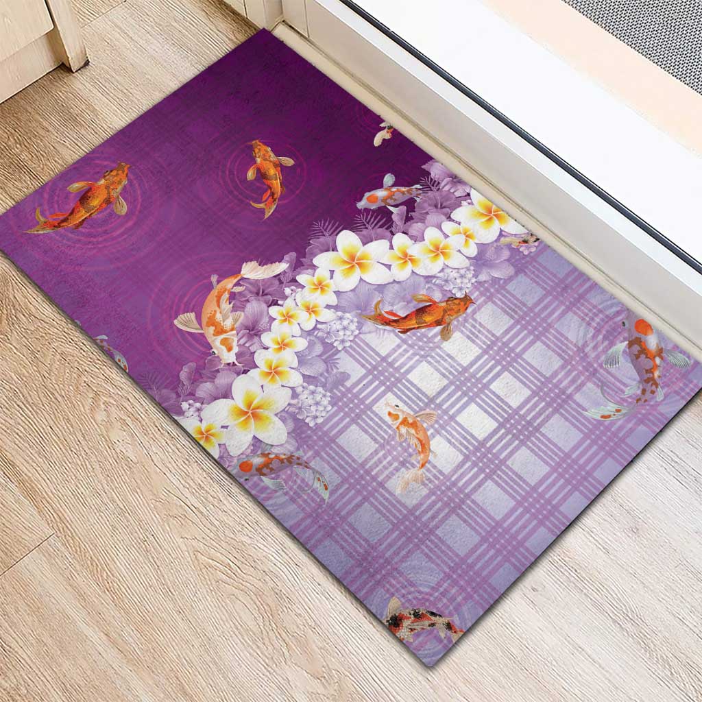 Hawaii And Japan Rubber Doormat Plumeria Lei With Koi Fish Purple LT05 - Polynesian Pride